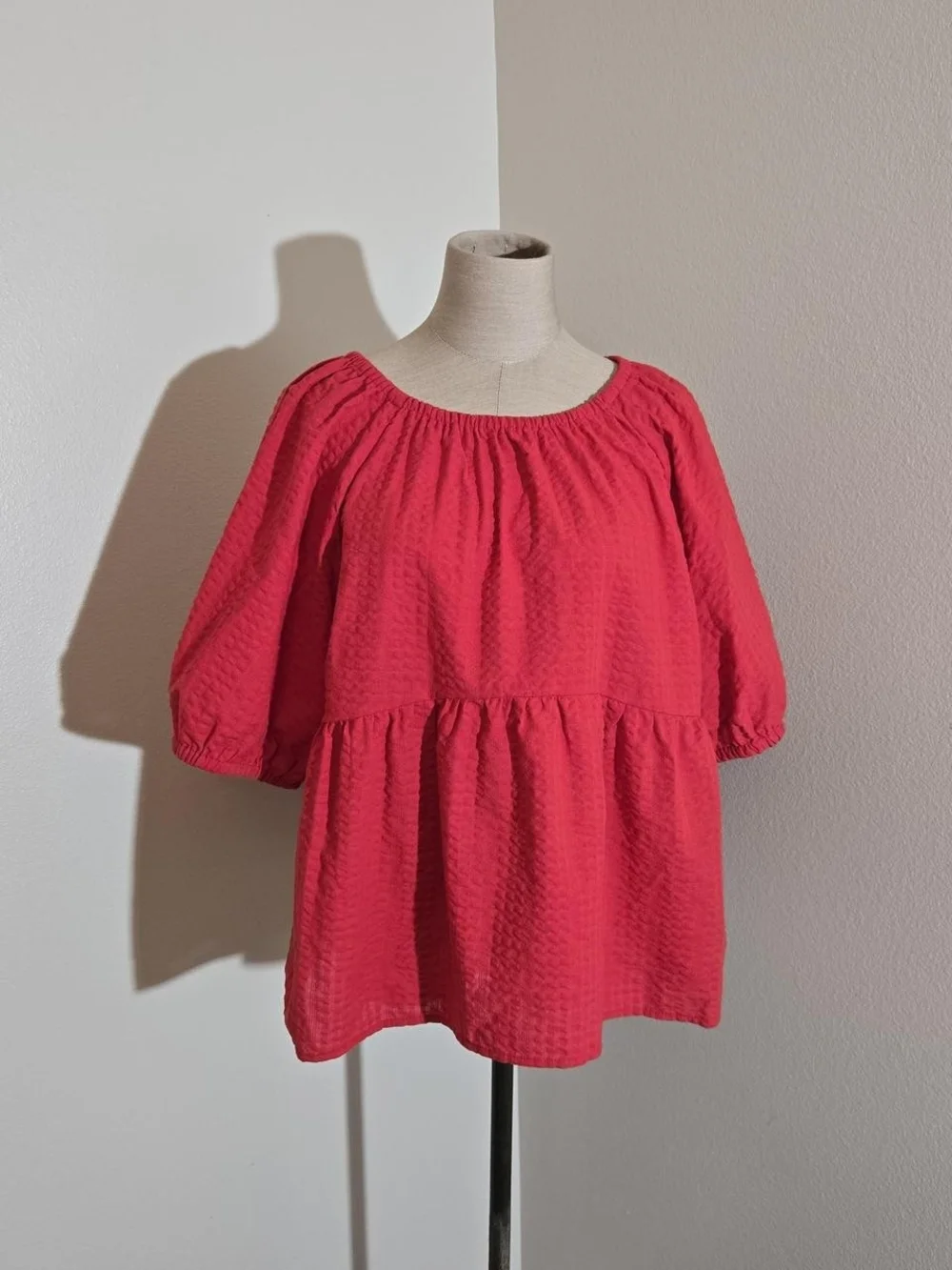 Red Peasant Blouse - Women's Puff Sleeve Top